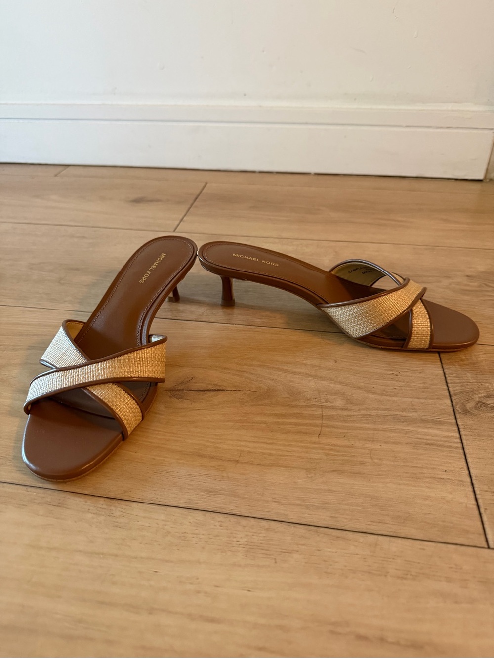 Michael Kors Brown Leather and Rattan Kitten Heel Slide Sandals
